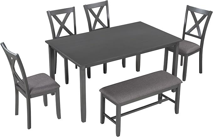 6-Piece Kitchen Set Wooden Rectangular Dining Table, 4 Fabric Chairs and Bench Family Furniture, Gray, 3 - LeafyLoom