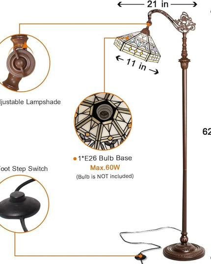 Capulina Tiffany Floor Lamp 62 Inches Tall Mission Hexagon Virgin Style Stained Glass Soft Light Arched Gooseneck Adjustable Angle Reading Floor Lamp for Living Room Bedroom Home Office - LeafyLoom