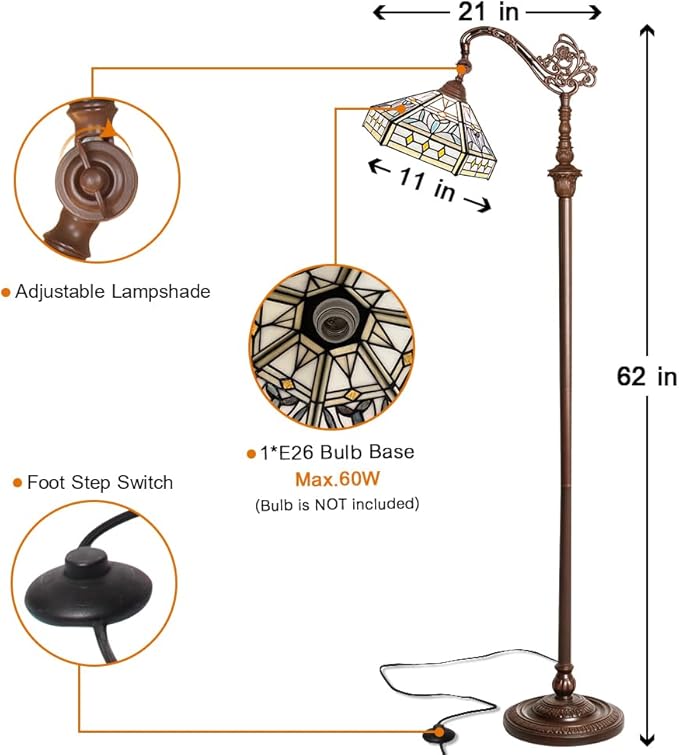 Capulina Tiffany Floor Lamp 62 Inches Tall Mission Hexagon Virgin Style Stained Glass Soft Light Arched Gooseneck Adjustable Angle Reading Floor Lamp for Living Room Bedroom Home Office - LeafyLoom