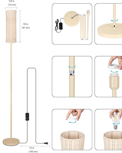 Boho Floor Lamp with Cylindrical Rattan Lampshade, Torchiere lamp for Bedroom, Living Room, Corner Tall Floor Lamp with Dimmable Switch - LeafyLoom