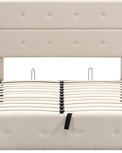 Upholstered Full Size Bed Gas Lift Up Storage Platform Bed Frame with Tufted Headboard Wooden Slat Support & Under Bed Storage, No Box Spring Needed - LeafyLoom