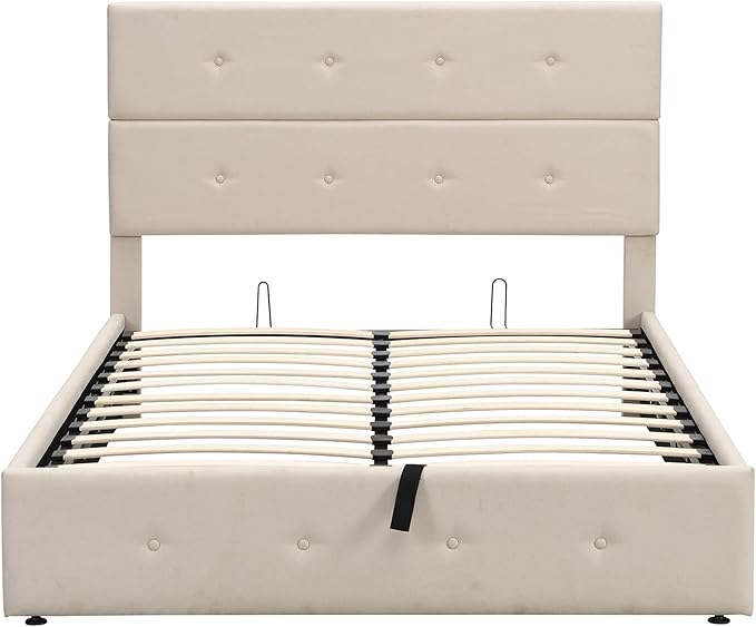 Upholstered Full Size Bed Gas Lift Up Storage Platform Bed Frame with Tufted Headboard Wooden Slat Support & Under Bed Storage, No Box Spring Needed - LeafyLoom