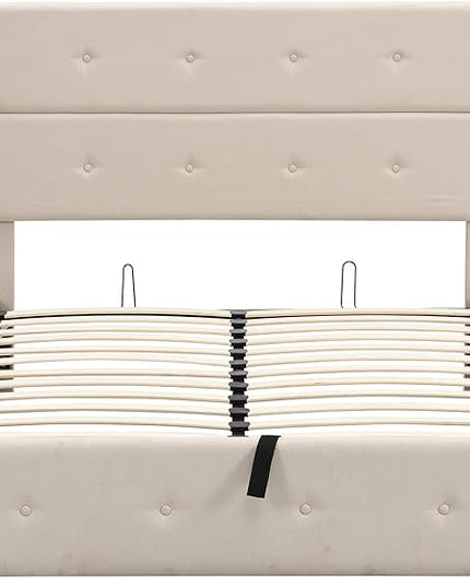 Full Size Upholstered Platform Bed with Underneath Storage, Modern Linen Platform Bedframe with Headboard and Wooden Slat Support,for Kids Adults Living Room Guest Room,Bedroom - LeafyLoom