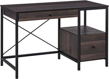 HOMCOM Industrial Style Home Office Desk with Filing Cabinet Storage Drawer for Letter Size Papers and Steel Frame, Black/Walnut - LeafyLoom