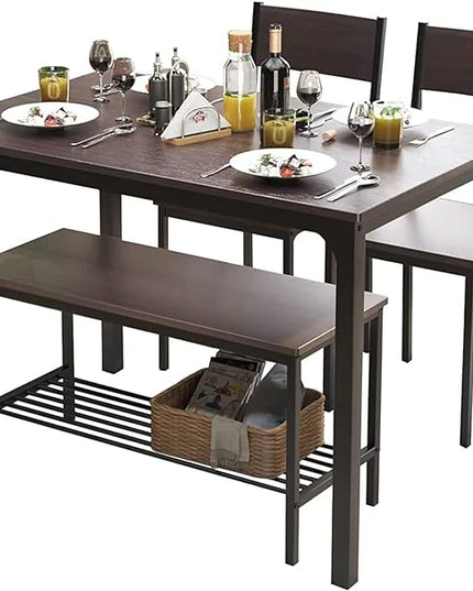 SDHYL Dining Table Set for 4, with Two Chairs and One Bench/4 Piece Set, Wooden Table Top with Metal Legs for Breakfast in Living Room, Kitchen Room, Dining Room, Restaurant, Bistro - LeafyLoom
