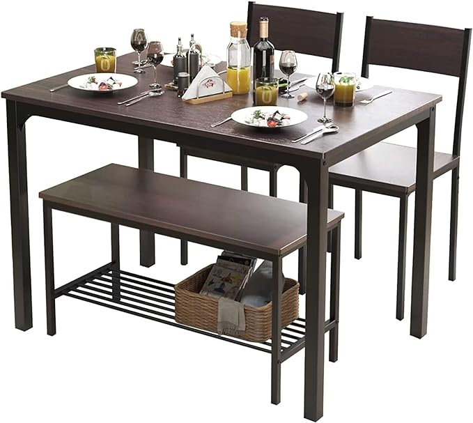 SDHYL Dining Table Set for 4, with Two Chairs and One Bench/4 Piece Set, Wooden Table Top with Metal Legs for Breakfast in Living Room, Kitchen Room, Dining Room, Restaurant, Bistro - LeafyLoom