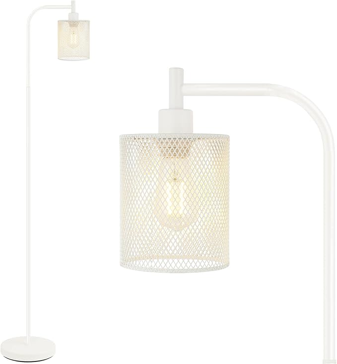 BoostArea White Industrial Floor Lamp, 67 Inch Modern Standing Lamp with Iron Mesh Lampshade, 6W LED Stand Up Lamp for Living Room, Bedroom, Office, Den - LeafyLoom