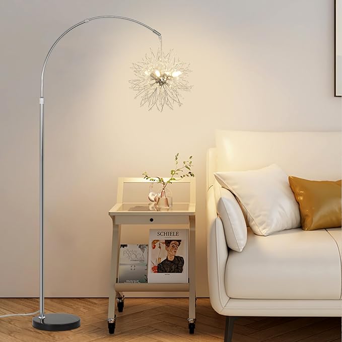 Crystal Arc Floor Lamps for Living Room, Modern Floor Lamp with Marble Base, Adjustable Height Standing Lamp, Mid Century Tall Lamp for Girls Room, Over Couch Arched Reading Light for Bedroom, Office - LeafyLoom