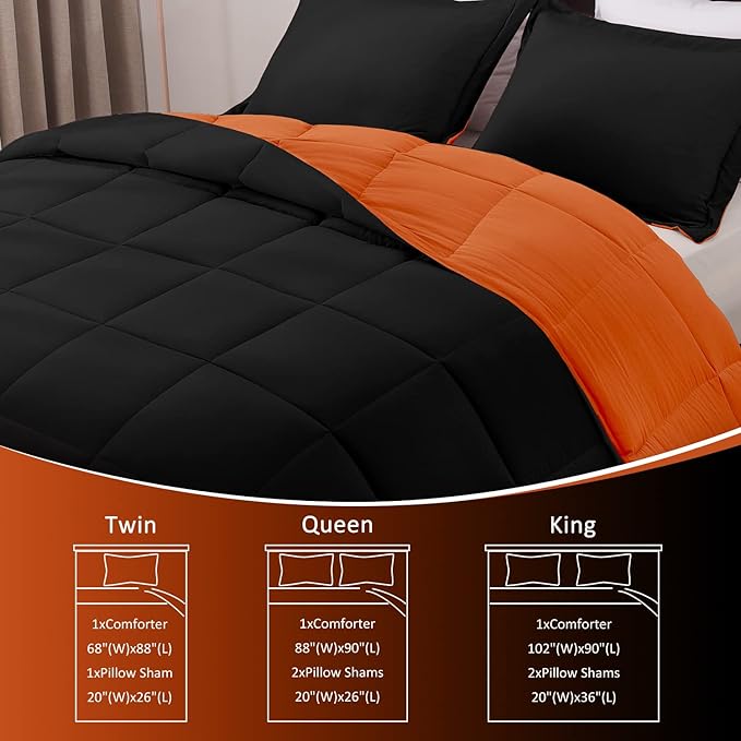 Basic Beyond King Size Comforter Set - Fluffy King Bed Comforter Set for All Seasons - Reversible Bedding King Size Comforter Set - 3 Pieces (1 Comforter + 2 Pillow Shams) - Orange/Black - LeafyLoom