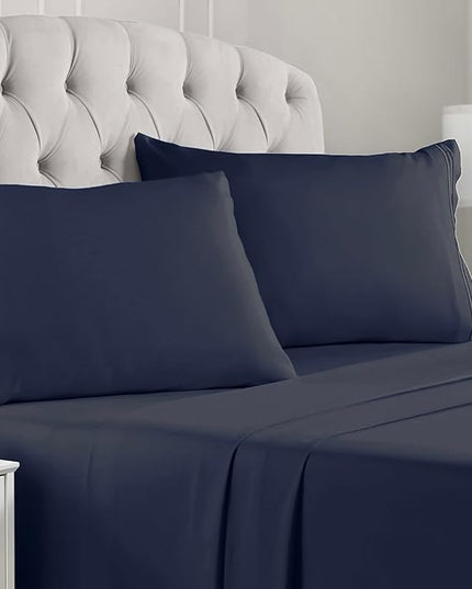 Mellanni Queen Sheets Set - 4 PC Iconic Collection Bedding Sheets & Pillowcases - Hotel Luxury, Extra Soft, Cooling Bed Sheets - Deep Pocket up to 16 inch (Queen, Navy Blue) - LeafyLoom