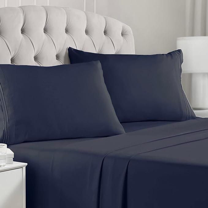 Mellanni California King Sheets Set - 4 PC Iconic Collection Bedding Sheets & Pillowcases - Hotel Luxury, Extra Soft, Cooling Bed Sheets - Deep Pocket up to 16 inch (Cal King, Navy Blue) - LeafyLoom