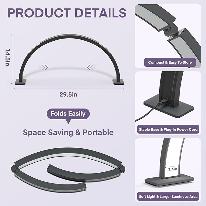 MYSWEETY Foldable Half Moon Nail Desk Lamp, 29.5'' 48W Lash Light Led Nail Tech Lamp for Desk, Tattoo Light Table Lamp for Estheticians, Lash Eyelash Extension, Eyebrows, Facial, Beauty - LeafyLoom