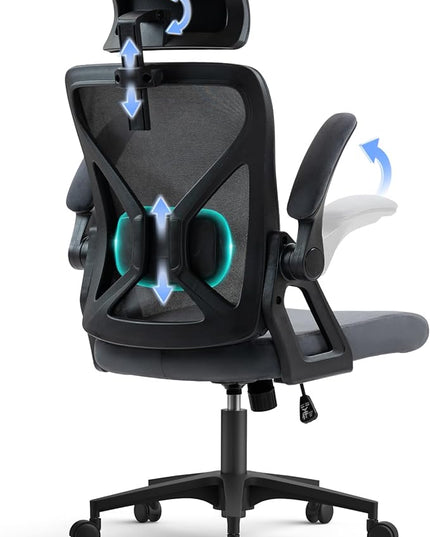 SEATZONE Dark Gray Office Chair, Ergonomic Desk Chair with Adjustable Headrest,Lumbar Support, High Back Mesh Computer Chair with Wheels and Flip-up Armrests Task Chairs, Executive Chairs - LeafyLoom