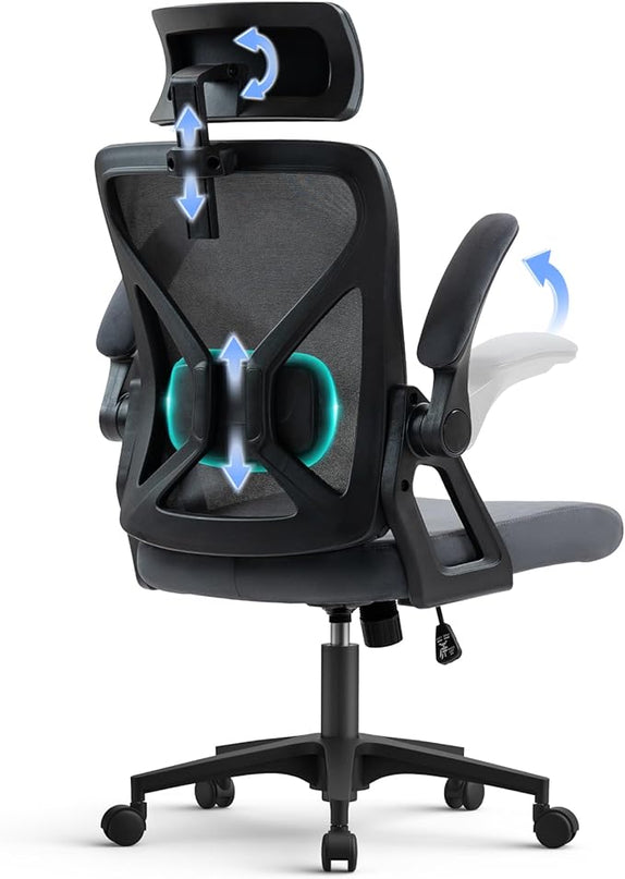 SEATZONE Dark Gray Office Chair, Ergonomic Desk Chair with Adjustable Headrest,Lumbar Support, High Back Mesh Computer Chair with Wheels and Flip-up Armrests Task Chairs, Executive Chairs - LeafyLoom