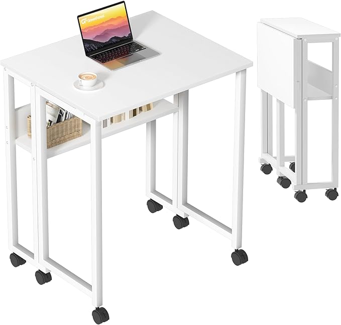 GreenForest Folding Desk White Desk with Storage Shelf,24.8 inch Foldable Computer Desk with Wheels Small Desk for Small Space,Easy Assembly,Pure White - LeafyLoom
