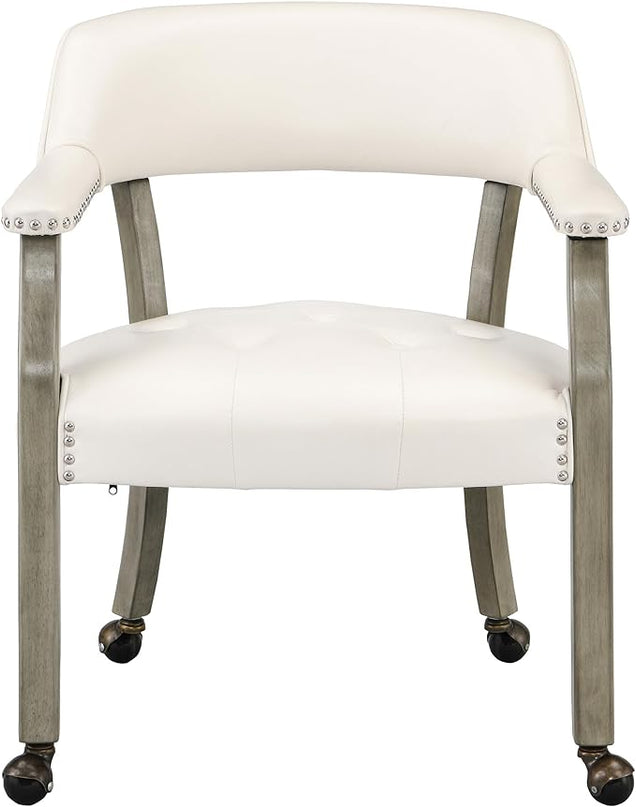 Large Dining Chairs with Casters and Arms, Rolling Dining Chairs with Wheels, Accent Game Poker Table Chairs, Solid Wood Office Chairs, 26“Dx25.2 Wx31.5“H, Grey Legs & Ivory PU SY-1318-WT - LeafyLoom