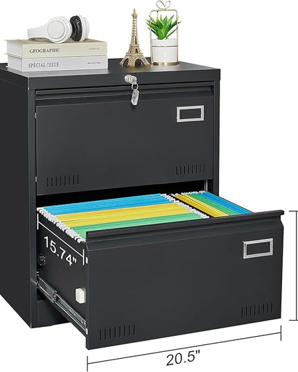 2 Drawer Lateral Lock and Card Holder, Multifunctional Metal Filing Cabinets w/Heavy 3 Section Slide Rail & Breathable Holes,for Legal/Letter/A4,Black - LeafyLoom