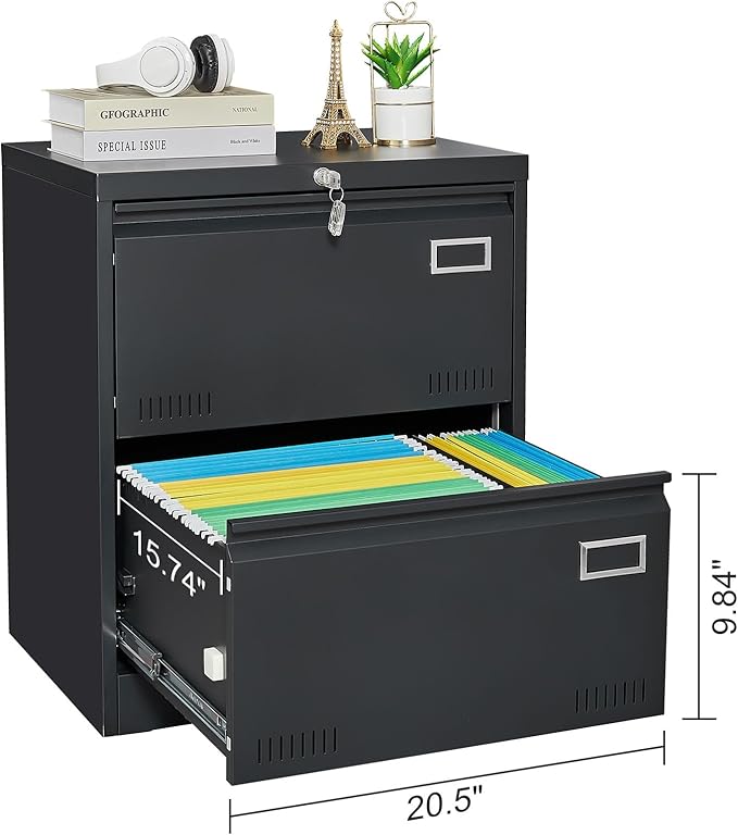 2 Drawer Lateral Lock and Card Holder, Multifunctional Metal Filing Cabinets w/Heavy 3 Section Slide Rail & Breathable Holes,for Legal/Letter/A4,Black - LeafyLoom