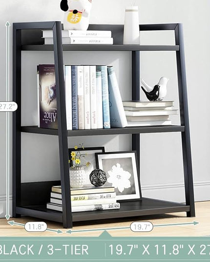 IOTXY 3 Tier Open Bookshelf - Steel and Wood Display Stand, 50CM Width Floor-Standing Bookcase, Black - LeafyLoom