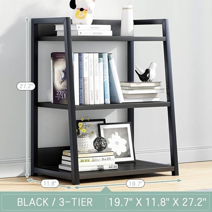 IOTXY 3 Tier Open Bookshelf - Steel and Wood Display Stand, 50CM Width Floor-Standing Bookcase, Black - LeafyLoom
