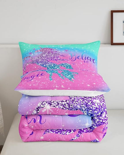 Unicorn Duvet Insert Queen Size,Glitter Starry Sky Comforter Set,Pink Blue Gradient Bedding Set,Sparkel Sequins Animal Down Comforter For Girls Teens Women Youth,3Pcs Magical Unicorn Quilt Comforter - LeafyLoom