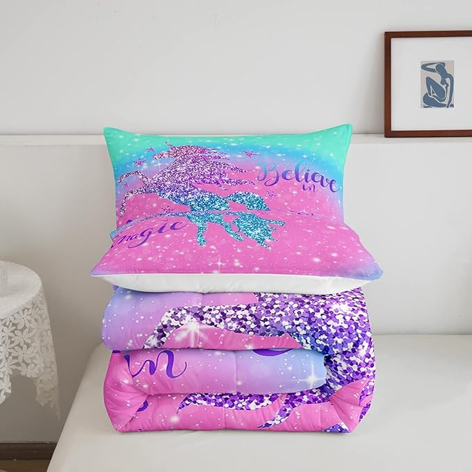 Unicorn Duvet Insert Queen Size,Glitter Starry Sky Comforter Set,Pink Blue Gradient Bedding Set,Sparkel Sequins Animal Down Comforter For Girls Teens Women Youth,3Pcs Magical Unicorn Quilt Comforter - LeafyLoom