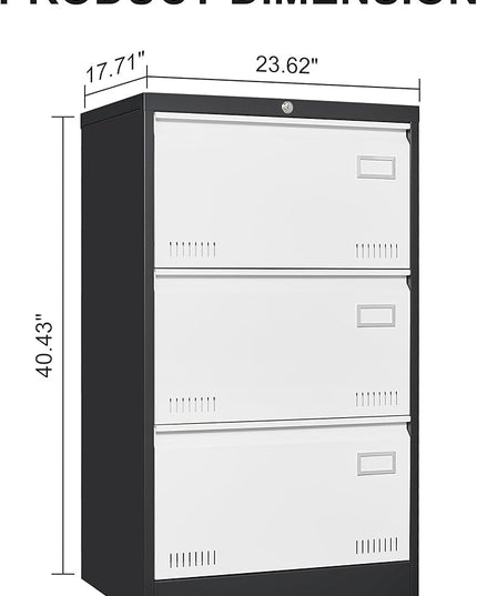 3 Drawer Metal Lateral Lock and Card Holder,Office Vertical Files Storage Cabinets w/Heavy 3 Section Slide Rail & Breathable Holes,for Legal/Letter/A4,Black+White - LeafyLoom