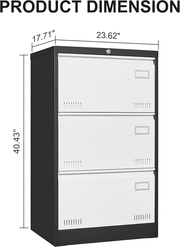 3 Drawer Metal Lateral Lock and Card Holder,Office Vertical Files Storage Cabinets w/Heavy 3 Section Slide Rail & Breathable Holes,for Legal/Letter/A4,Black+White - LeafyLoom