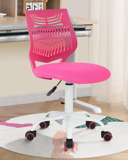FurnitureR Desk Chair Armless Cute Home Office Desk Chair for Kids, Swivel Computer Task Chair Study Chair with Mesh Padded Cushion and Rolling Wheels for Child, Pink - LeafyLoom