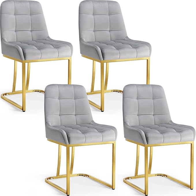 STARY Upholstered Velvet Armless Dining Room Chairs with Gold Metal Legs for Kitchen Restaurant, Gray- Set of 4 - LeafyLoom