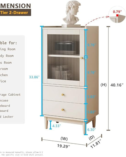Wooden Glass Door Bookcase - 2-Tier Cube Bookshelf Storage Cabinet with Double Drawer and Adjustable Shelf, Solid Wood Legs Cupboard in Warm White - LeafyLoom