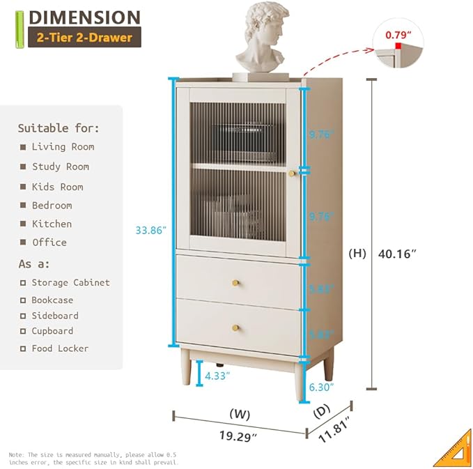 Wooden Glass Door Bookcase - 2-Tier Cube Bookshelf Storage Cabinet with Double Drawer and Adjustable Shelf, Solid Wood Legs Cupboard in Warm White - LeafyLoom