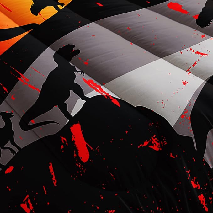 Cartoon Dinosaur Comforter Set Twin 3Pc Kawaii Dinosaur Bedding Set All Season with Tree, Leaf Decoration includes 1 Comforter, 2 Pillowcases for Kids Girls Teens - LeafyLoom