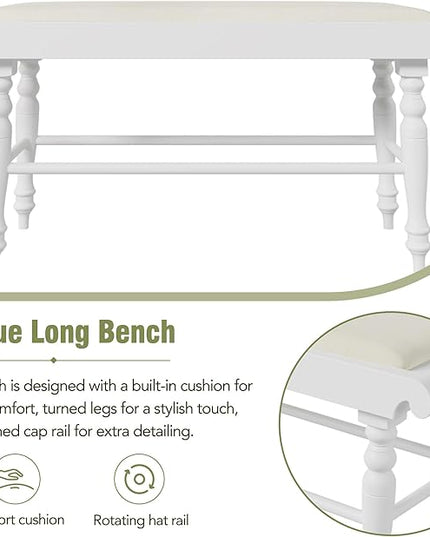 Dining Table Set for 6, 6-Piece Dining Table and Chair Set with Turned Legs,Upholstered Dining Chairs and Bench, Dining Room Table Set for Living Room, White - LeafyLoom