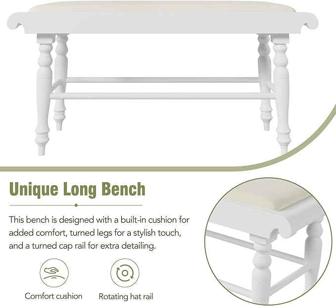 Dining Table Set for 6, 6-Piece Dining Table and Chair Set with Turned Legs,Upholstered Dining Chairs and Bench, Dining Room Table Set for Living Room, White - LeafyLoom