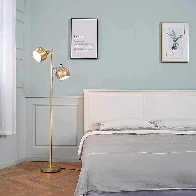 Globe Electric 67515 61" 2-Light Floor, Matte, Adjustable Lamp Heads, in-Line On Off Foot Switch, Miles (Brass) - LeafyLoom