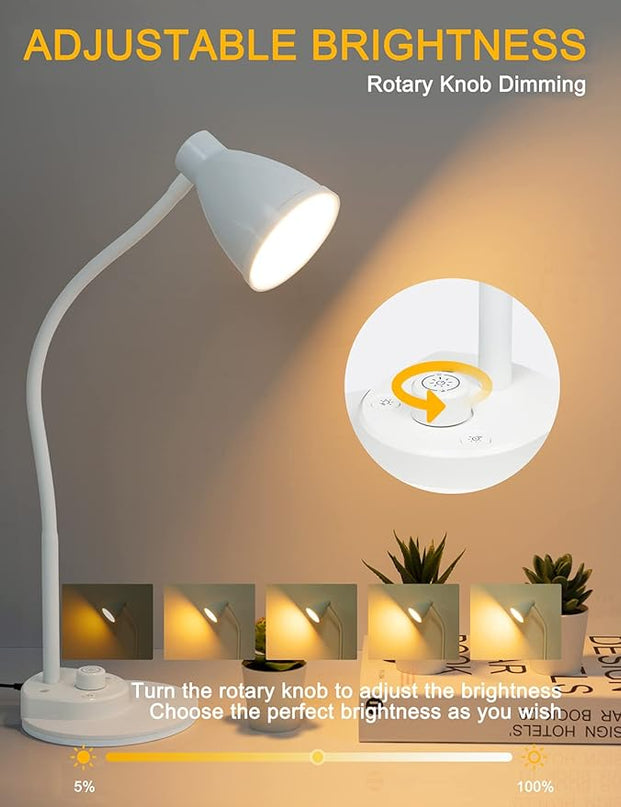 BOHON LED Desk Lamp with USB Charging Port, 3 Color Modes Dimmable Reading Lamp, Auto Dimming Task Lamp, Flexible Gooseneck Table Light for Dorm Bedside, Adapter Include, White - LeafyLoom