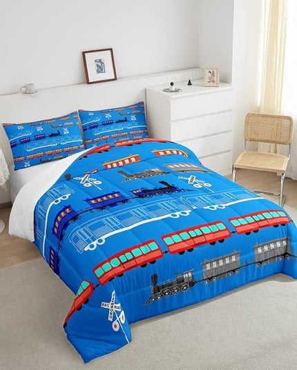 Feelyou Cartoon Car Comforter Set for Kids Boys Girls Vintage Car Comforter Train Bedding Set Bedroom Decor Retro Steam Train Blue Light Sign Duvet Set Twin Size Quilt Set 2Pcs - LeafyLoom