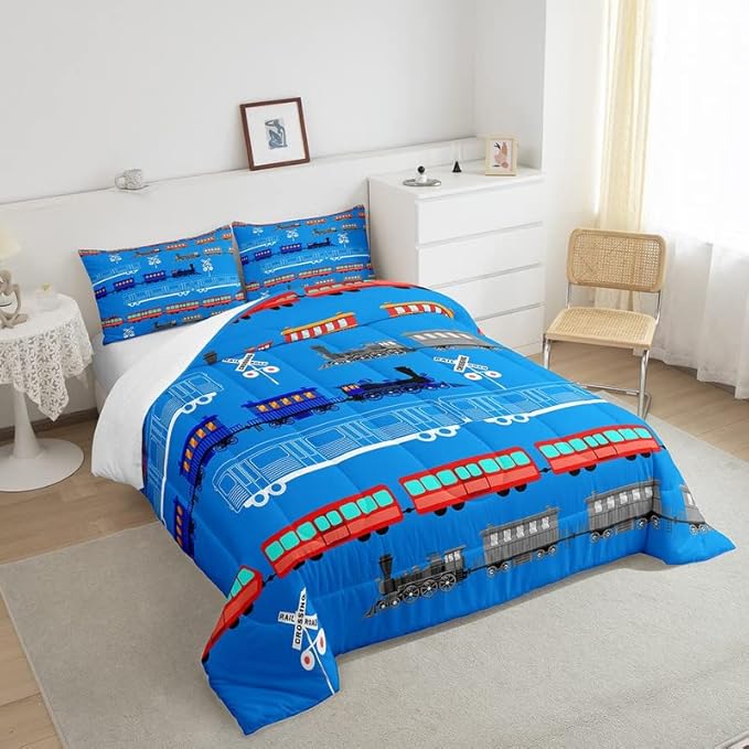 Feelyou Cartoon Car Comforter Set for Kids Boys Girls Vintage Car Comforter Train Bedding Set Bedroom Decor Retro Steam Train Blue Light Sign Duvet Set Full Size Quilt Set 2Pcs - LeafyLoom