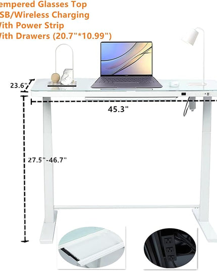 45.27 * 23.6 Height Adjustable Electric Standing Desk with Storage Sit Stand Desk Stand Up Desk Computer Desk Home Office Desk Tempered Glass Desktop (Tempered Glass/White Frame) - LeafyLoom