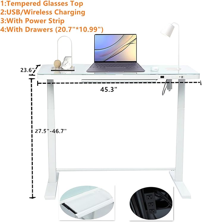 45.27 * 23.6 Height Adjustable Electric Standing Desk with Storage Sit Stand Desk Stand Up Desk Computer Desk Home Office Desk Tempered Glass Desktop (Tempered Glass/White Frame) - LeafyLoom