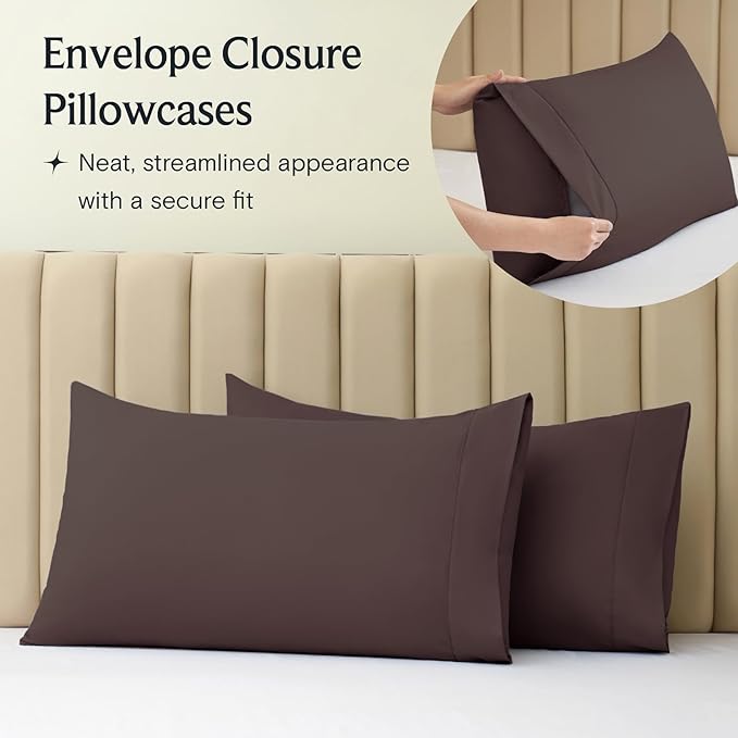 LuxClub 7 PC Split King Sheet Set, Breathable Luxury Bed Sheets, Deep Pockets 18" Eco Friendly Wrinkle Free Cooling Sheets Machine Washable Hotel Bedding Silky Soft - Brown Split King - LeafyLoom