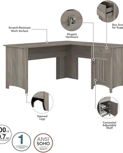 Bush Furniture Salinas L Shaped Desk with Storage in Driftwood Gray | Modern Farmhouse Corner Table with Drawers and Cabinets for Home Office - LeafyLoom