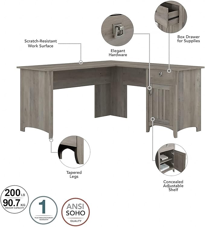 Bush Furniture Salinas L Shaped Desk with Storage in Driftwood Gray | Modern Farmhouse Corner Table with Drawers and Cabinets for Home Office - LeafyLoom