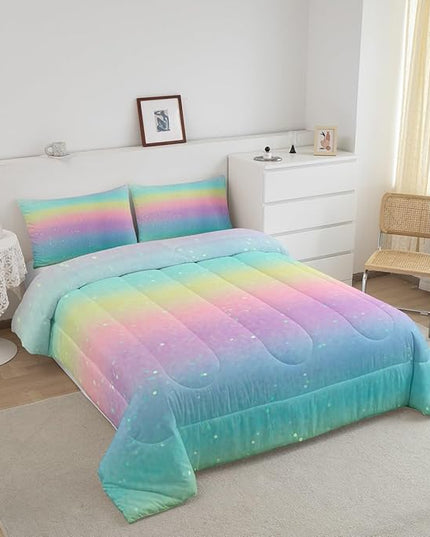 Erosebridal Blue Gradient Bedding Rainbow Tie Dye Bedding Comforter Sets for Kids Boys Girls Bedroom, Galaxy Glitter Comforter Set Pastel Watercolor Sparkle Quilt with 2 Pillowcases, Queen - LeafyLoom