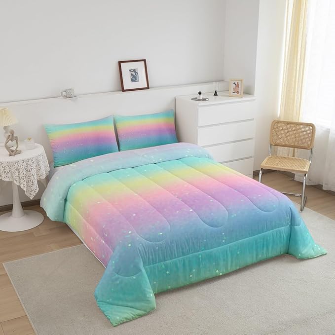 Erosebridal Blue Gradient Bedding Rainbow Tie Dye Bedding Comforter Sets for Kids Boys Girls Bedroom, Galaxy Glitter Comforter Set Pastel Watercolor Sparkle Quilt with 2 Pillowcases, Queen - LeafyLoom