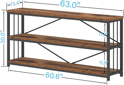 IBF Low Rustic 3 Tier Bookshelf, Industrial Horizontal Wood Bookcase, Farmhouse Long Wide Open Metal Etagere, Modern Large Vintage Book Shelf for Home Office Bedroom Living Room, Rustic Brown, 63 Inch - LeafyLoom