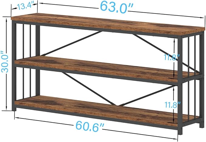 IBF Low Rustic 3 Tier Bookshelf, Industrial Horizontal Wood Bookcase, Farmhouse Long Wide Open Metal Etagere, Modern Large Vintage Book Shelf for Home Office Bedroom Living Room, Rustic Brown, 63 Inch - LeafyLoom