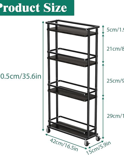 Slim Storage Cart 4 Tier Narrow Kitchen Rolling Cart on Wheels for Small Space, Mobile Spice Rack Seasoning Organizer Utility Serving Cart for Kitchen Bathroom Laundry, Black - LeafyLoom