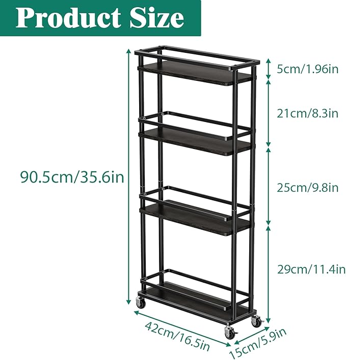 Slim Storage Cart 4 Tier Narrow Kitchen Rolling Cart on Wheels for Small Space, Mobile Spice Rack Seasoning Organizer Utility Serving Cart for Kitchen Bathroom Laundry, Black - LeafyLoom